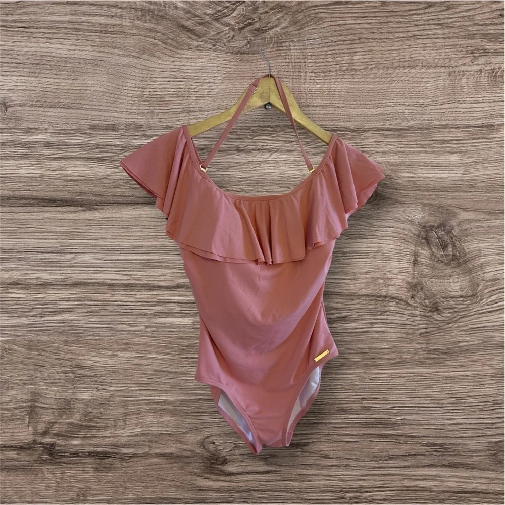 Michael Kors Pink Ruffle Swimsuit Built in Shelf Bra Padded Cups Off Shoulder 6